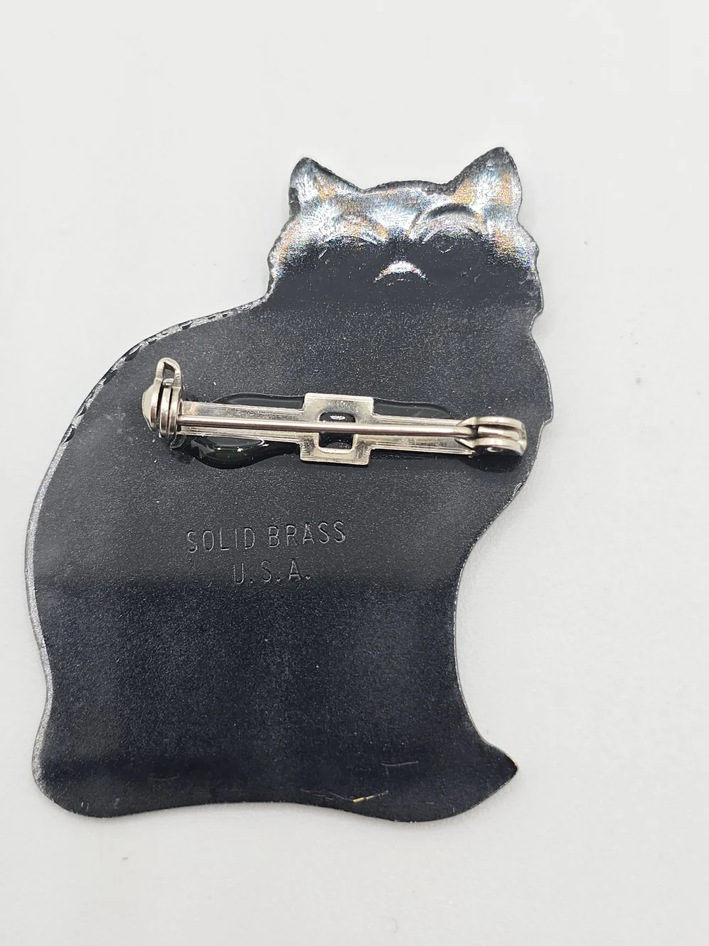Vintage Black Cat Brooch Rhinestone Collar Red Eyes Solid Brass Kitty 1-7/8